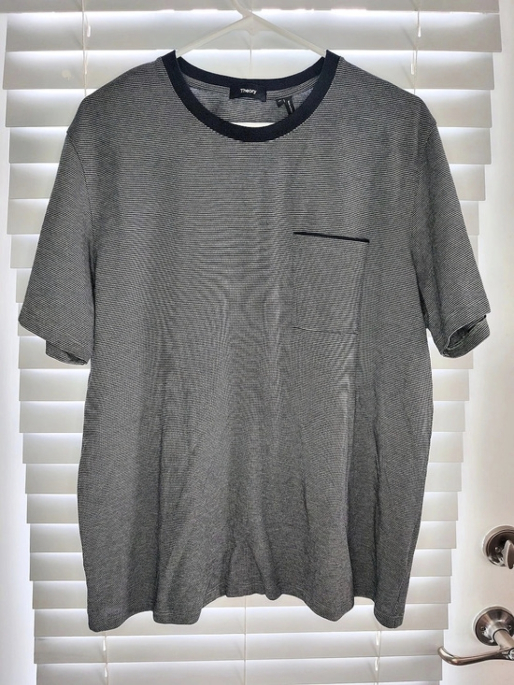 Theory Mens Birdseye Pique Pocket Tee Gray Black Micro Stripe T-Shirt XL EUC